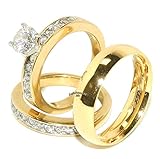 His/Hers 3 PCS Round Cut CZ Gold IP Stainless Steel Ring Set/Mens Gold Band-W9M8