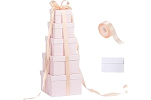 CHARMGIFTBOX 5 Pack Large Square Nesting Gift Boxes with Lids for Presents, Pink Stacking Gift Box with Ribbon Card for Wedding Birthday Party Valentine Christmas