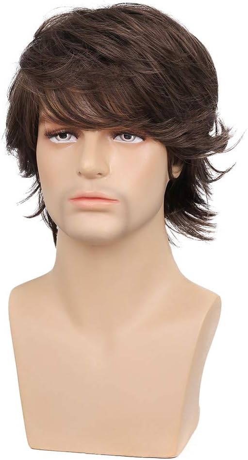 Mens Wig Brown Short Layered Natural Wave Synthetic Male Wigs with Bangs Halloween Cosplay Party Costume Daily - Image 4