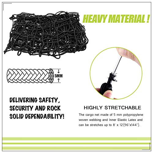 Angooni 4' x 6' Heavy Duty Cargo Nets for Pickup Trucks - Stretches to 8'x12', 4"x4" Mesh Holes Bungee Truck Bed Net with Premium Carabiners Clips