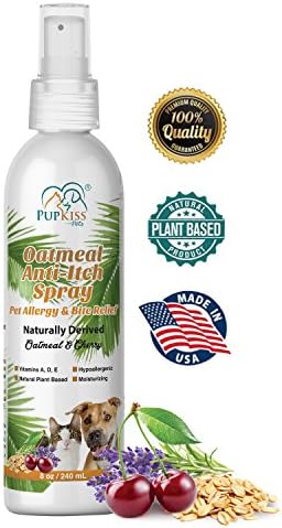 Pupkiss Pets Oatmeal Anti Itch Spray For Dogs &amp; Cats | Relief For Pets With Allergies, Flea Bites, Itchiness &amp; Sensitive Skin | Soothes &amp; Moisturizes Dry Dog Skin | Made in USA