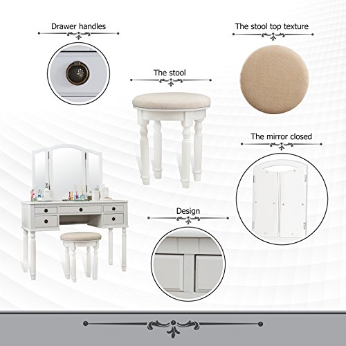 Fineboard FB-VT01-WV Dressing Stool Beauty Station Makeup Table Three Mirror Vanity Set, 5 Organization Drawers, White - Thumbnail 2
