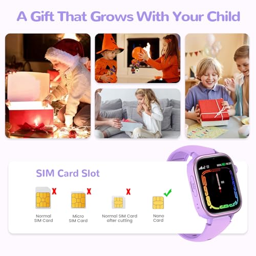 4G Smart Watch Children with GPS and Video Calling, Smartwatch Children with Calls, Voice Chat, SOS, School Mode, IP68 Waterproof, Pedometer, Alarm Clock, Camera, Gift Girls and Boys 4-15 Purple