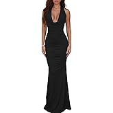 JOTWIS Women's Maxi Bodycon Dress V Neck Sexy Long Backless Dress Wedding Guest Dress Formal Cocktail Club Dresses