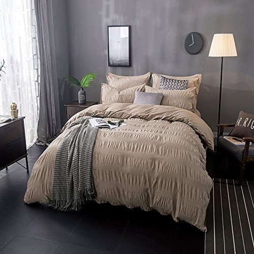 Lausonhouse 100% Cotton Woven Seersucker Stripe Duvet Cover Set - Queen - Khaki
