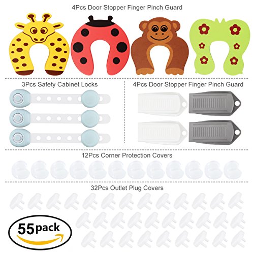 Eligara Baby Safety Protector Sets Include Child Safety Cabinet Locks (3Pcs) Corner Protector Guards (12Pcs) Outlet Plug Covers (32Pcs) Door Stopper (4Pcs) Door Stopper