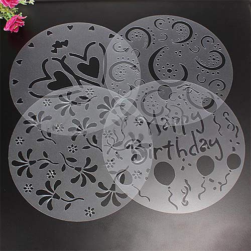 Yamalans 4pcs/Set Birthday Cake Spray Mold Round Fondant Sugar Craft Cake Decorating Coffee Tiramisu Decorating Bakery Stencils Flower Heart Baking Mould