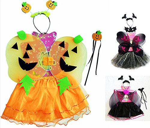 4PCS/Set Children's Girls Kids Halloween Pumpkin Bat Witch Butterfly wings skirt Magic wand &hair band Cosplay Costume