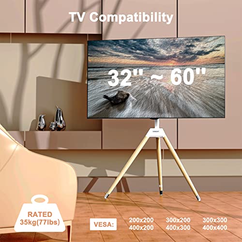 WORLDLIFT Tripod TV Floor Stand for Universal 32-60 Inch TVs,Height Adjustable Easel TV Stand Mount Height Adjustable with Swivel and Tilt,Max Load 35KG,White