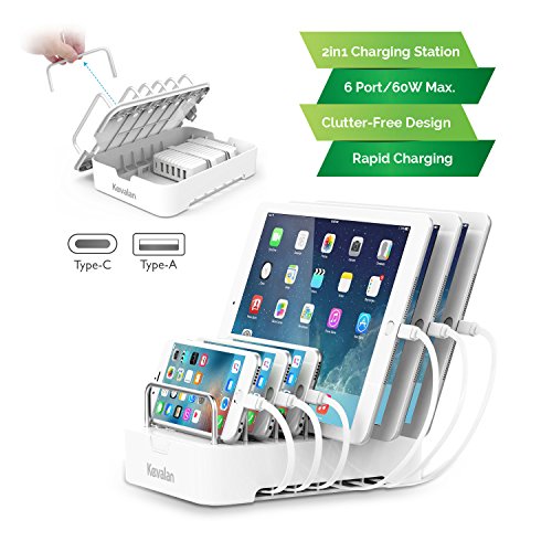 Kavalan 2-in-1 6 Port USB Charging Station for Multiple Devices + Removable 60W USB Type A & Type C Charger Hub, Universal USB Charging Dock Organizer for Smart Phone, Tablet and More (White)