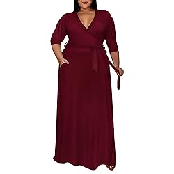 Runwind Plus Size Maxi Dress Sexy 3/4 Sleeve V Neck