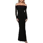 BORIFLORS Women's Elegant Off The Shoulder Bodycon Long Sleeve Maxi Dress Mesh Cocktail Party Wedding Guest Formal Dresses