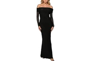 BORIFLORS Women's Elegant Off The Shoulder Bodycon Long Sleeve Maxi Dress Mesh Cocktail Party Wedding Guest Formal Dresses
