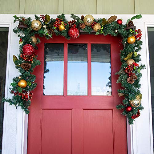 [9 Foot Artificial Christmas Garland] Scarlet Hydrangea Collection Red and Gold Decoration