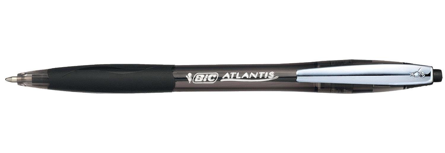 BIC Atlantis Classic Retractable Ball Pens - Box of 12- Black Colour- Medium Point (1.0 mm) - Soft Rubber Grip