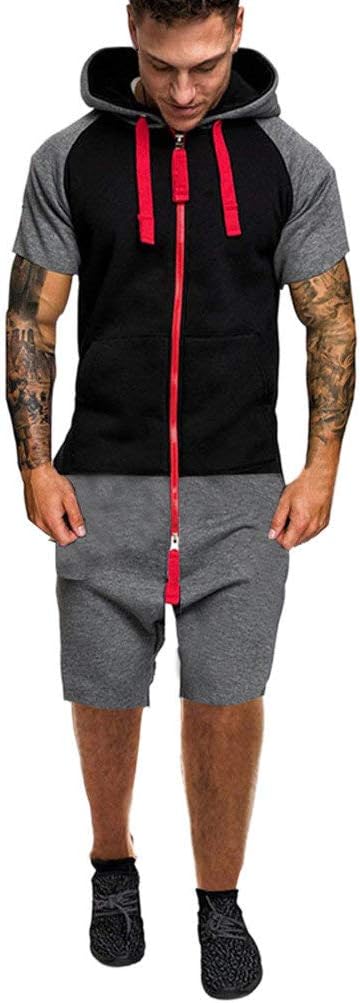 BaZhaHei Mens Patchwork Jumpsuit Large Size Playsuits Zipper Outfits Short Sleeve Casual One Piece Rompers Summer Shirt Outdoor