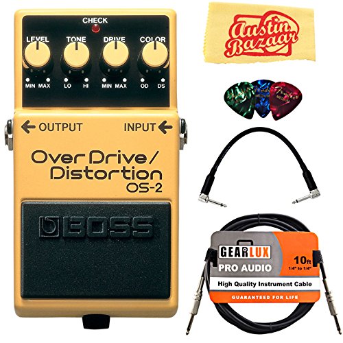 Boss OS-2 OverDrive/Distortion Bundle with Instrument Cable, Patch Cable, Picks, and Austin Bazaar Polishing Cloth (Best Overdrive Distortion Combo Pedal)