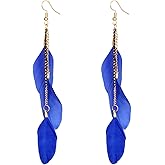 Bohemian Colorful Feather Earrings for Women Ethnic Retro Bohemian Long Chain Feather Earrings Vacation Handmade Vintage Multicolor Tassel Feather Earrings Lightweight Feather Drop Dangle Earrings Jewelry Gift (Blue)