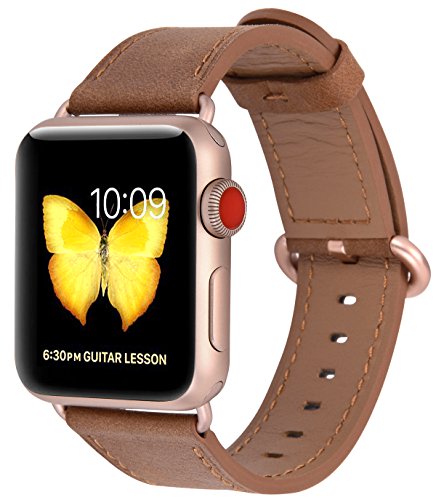 JSGJMY Compatible for Iwatch Band 42mm 44mm Women Genuine Leather Replacement Strap Compatible for Series 4 3 2 1 Sport Edition,Caramel+Series 4/3 Gold Clasp