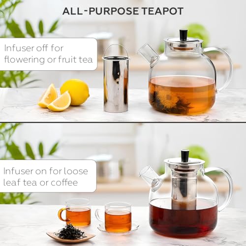 AMROAH 1500ml (50oz) Large Round Glass Teapot with Removable Stainless Steel Infuser Strainer, Borosilicate Heat Resistant Stovetop Safe Glass Tea Kettle Blooming & Loose Leaf Tea Maker