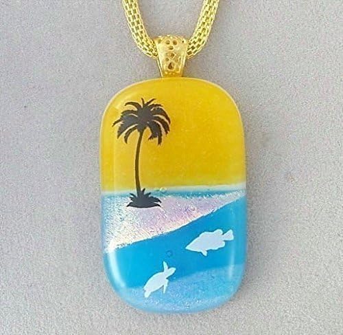 Tropical Scenic OOAK Fused Glass Pendant Necklace