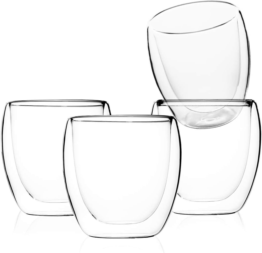 MEWAY 8oz Coffee Mugs, Set of 4, Clear Glass Double Wall Cup for Coffee, Tea, Latte, Cappuccino (4, 8 oz)