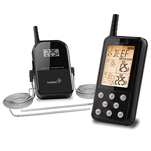 Ivation Long Range Wireless Thermometer - Remote BBQ, Smoker, Grill, Oven, Meat Thermometer - Monitors Food from Up to 300 Feet Away (Large Black)