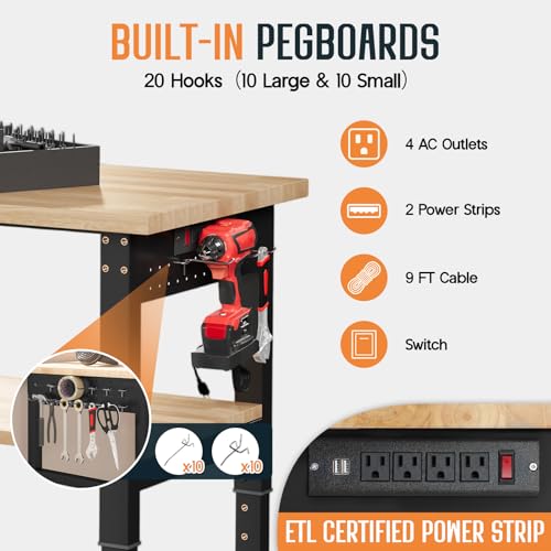 SPECRAFT Adjustable 2-Tier Workbench with 4 AC Outlet and 2 USB Ports Power Outlets, 2000 Lbs Capacity Heavy Duty Workbench, Rubber Wood Top for Garage, Workshop, Office（84x20in）