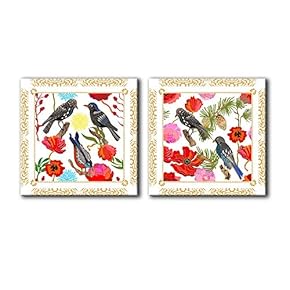 2 Panel Square Canvas Wall Art - Abstract Birds and Floral Patterns - Giclee Print Gallery Wrap Modern Home Art Ready to Hang - 12"x12" x 2 Panels