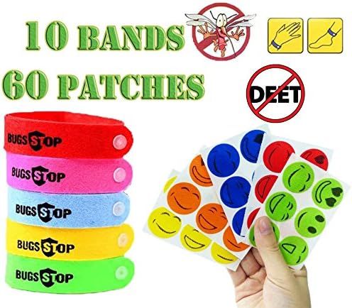 10 Pack Natural Mosquito Repellent Bracelets + 60 Patches, DEET-FREE Waterproof Citronella Wristband, Insect And Bug Protection for Kids &amp; Adults 60 Non-Toxic Stickers &amp; 10 Reusable Bands for Toddlers