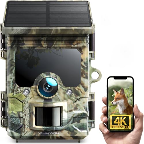 WOLFANG Solar Wildlife Camera 4K 30fps, WiFi Bluetooth Trail Camera with 120° Night Vision Motion Activated 0.1s Trigger Time IP66 Waterproof Game Camera for Wildlife Monitoring