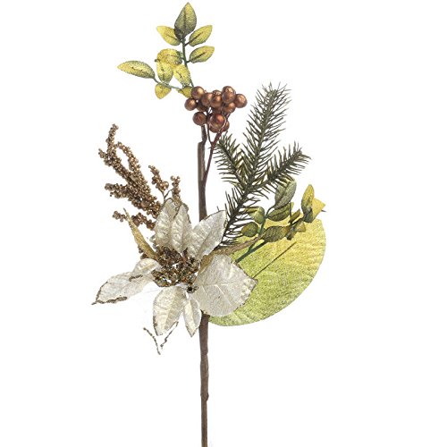 Factory Direct Craft Sparkling Gold and Ivory Poinsettia with Artificial Pine Sprig Floral Sprays for Christmas Embellishing and Home Decor
