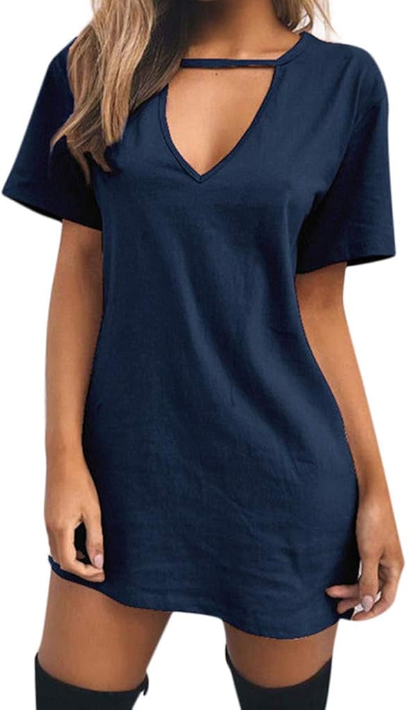 Womens Choker V Neck Long Tops T-Shirt Ladies Casual Party Mini Dress Blouse