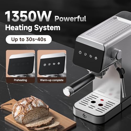 AMZCHEF Coffee Machine 20 Bar, 1350W Espresso Machine, Compact Stainless Steel Coffee Machines with LED Touch Screen, Powerful Steam Wand, Removable Water Tank