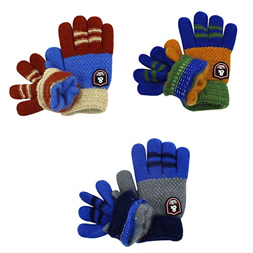 image for RARITY-US (3 Pairs) Unisex Warm Soft Winter Knit Gloves for Kids Boys 