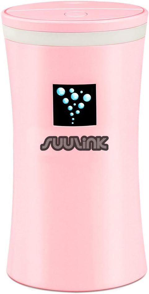 SUULINK Mini Humidifier, Portable Cool Mist Purifier Cup, Aroma Essential Oil Diffuser Ultrasonic Air Refresher, Auto Shut-Off 230ML Travel Size for Home Office Bedroom Living Room Babies Car (Pink)