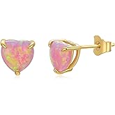 MRENITE Solid 14K Yellow Gold Tiny 6mm Pink Heart Opal/CZ/Pink pearl shell Stud Earrings for Teen/Women, Pink Gemstone Stud Earrings, Lab/Simulated October Birthstone Jewelry Gift for Her (with Push Back)