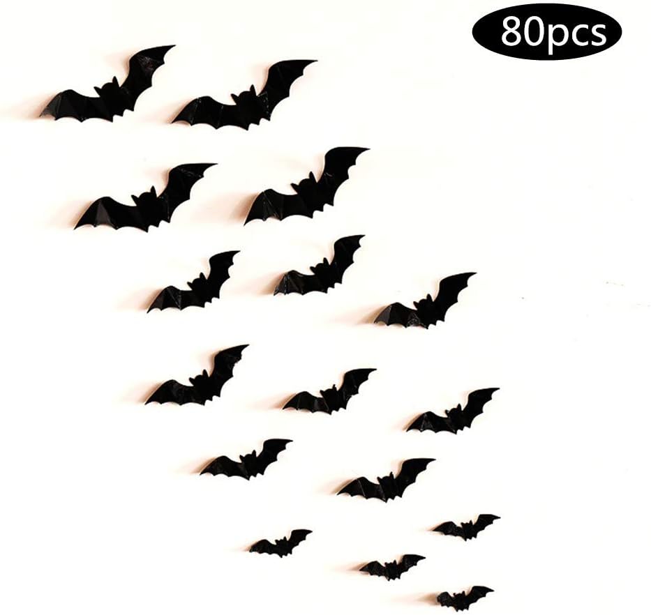 Fashionwu 3D Bats Stickers, Halloween Party Supplies Waterproof Scary Bats Wall Decals DIY Home Window Decor, Removable Bats Stickers for Indoor Outdoor Halloween Wall Decorations - 80pcs: Kitchen & Dining