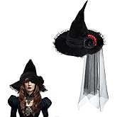 CMJSGG Halloween Witch Hat for Women Black Witch Hat With Rose Flower Veil Halloween Costume Accessories Wicked Lace Fringe Costume Accessory for Masquerade Cosplay Party Supplies