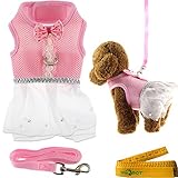 Cute Elegant Pink Mesh Dog Cat Pet Vest Harness with Bow tie Lace and White Short Skirt Dress Artificial Pearls and Matching Leash Set for Dogs Cats Pets (Chest Girth: 13.8