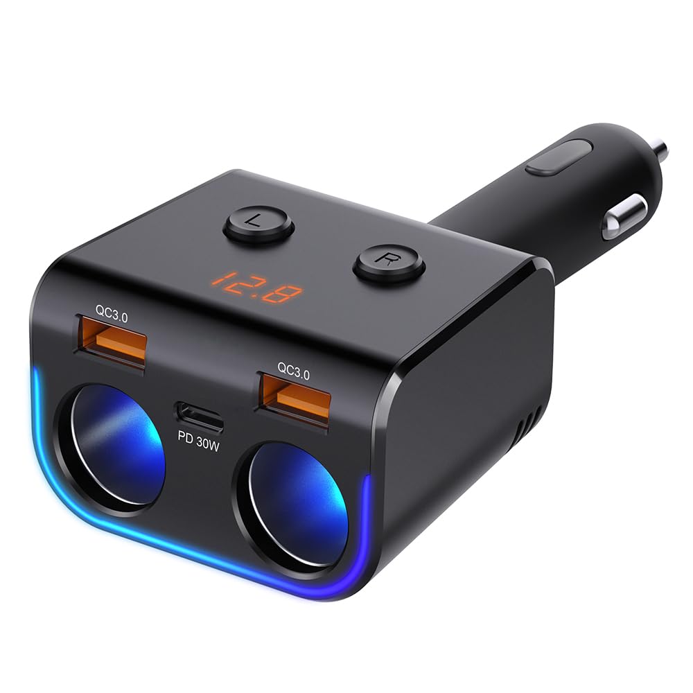 GemCoo Cigarette Lighter USB Charger, 150W Car USB Charger with QC3.0 & PD USB C Charging Port, 3 Socket Cigarette Lighter Splitter with LED Voltage Display For Phone, iPad, GPS, Dash Cam and More
