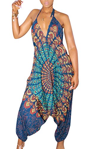 Kafiloe Womens Boho African Print Spaghetti Strap Loose Fit Harem Jumpsuit Rompers Pants Long Summer Casual Blue L