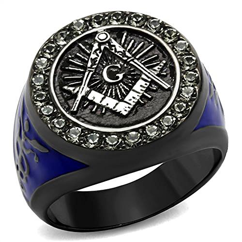 Marimor Men's Masonic Ring - Stainless Steel 316 With Clear Crystal, Sizes 8-13