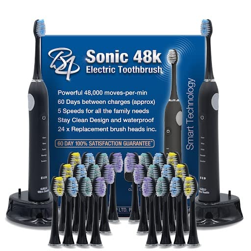 B4 Sonic Electric Toothbrushes, Black Twin Pack, Powerful 50 Days Charge, Inc 24 Brush Heads