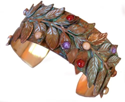 Elaine Coyne Collectible ArtwearBayberry Leaf Cuff Bracelet with Semi-Precious Stones - USA Made