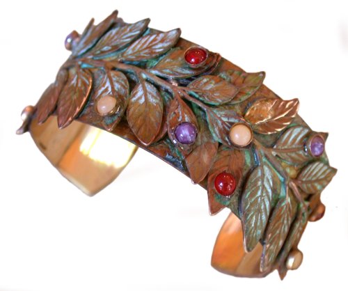 Elaine Coyne Collectible ArtwearBayberry Leaf Cuff Bracelet with Semi-Precious Stones - USA Made