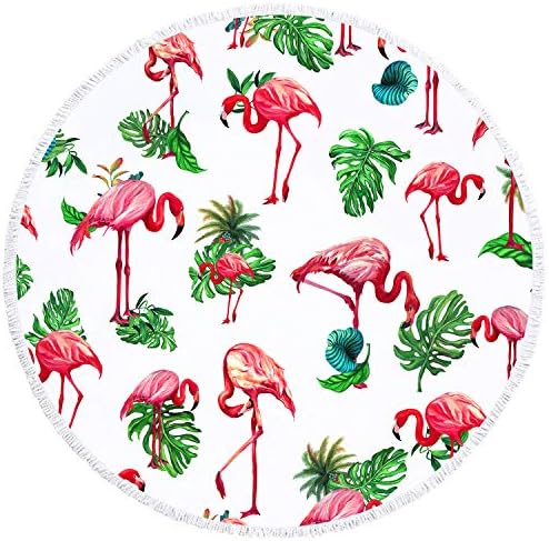 YAXIUFEN 29 Options Thick Soft Super Water Absorbent Multi-Purpose 60 inch 3D Printing Large Round Beach Towel Circle Picnic Carpet Yoga Mat Blanket with Tassels (Flamingos 2)