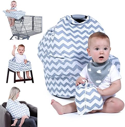 Natural Baby Stuff Infant Car Seat Cover for Boys Girls - Breathable Stretchy Grey &amp; White Chevron Canopy with Bib &amp; Drawstring Bag Set - Shower Gift Trend Universal 5-in-1 Multi-use for Nursing