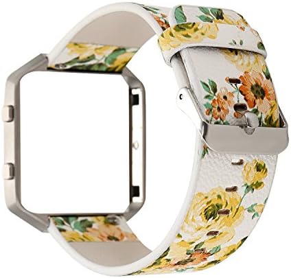 YOSWAN Replacement Band for Fitbit Blaze, Watchband Floral Soft Leather Strap Replacement Watch Band Wristband Bracelet Strap and Frame for Fitbit Blaze (White+Yellow)