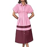 Wenrine Womens Summer Button Down Shirt Dress Casual Color Block V Neck Short Sleeve Corset Maxi Dresses Pink